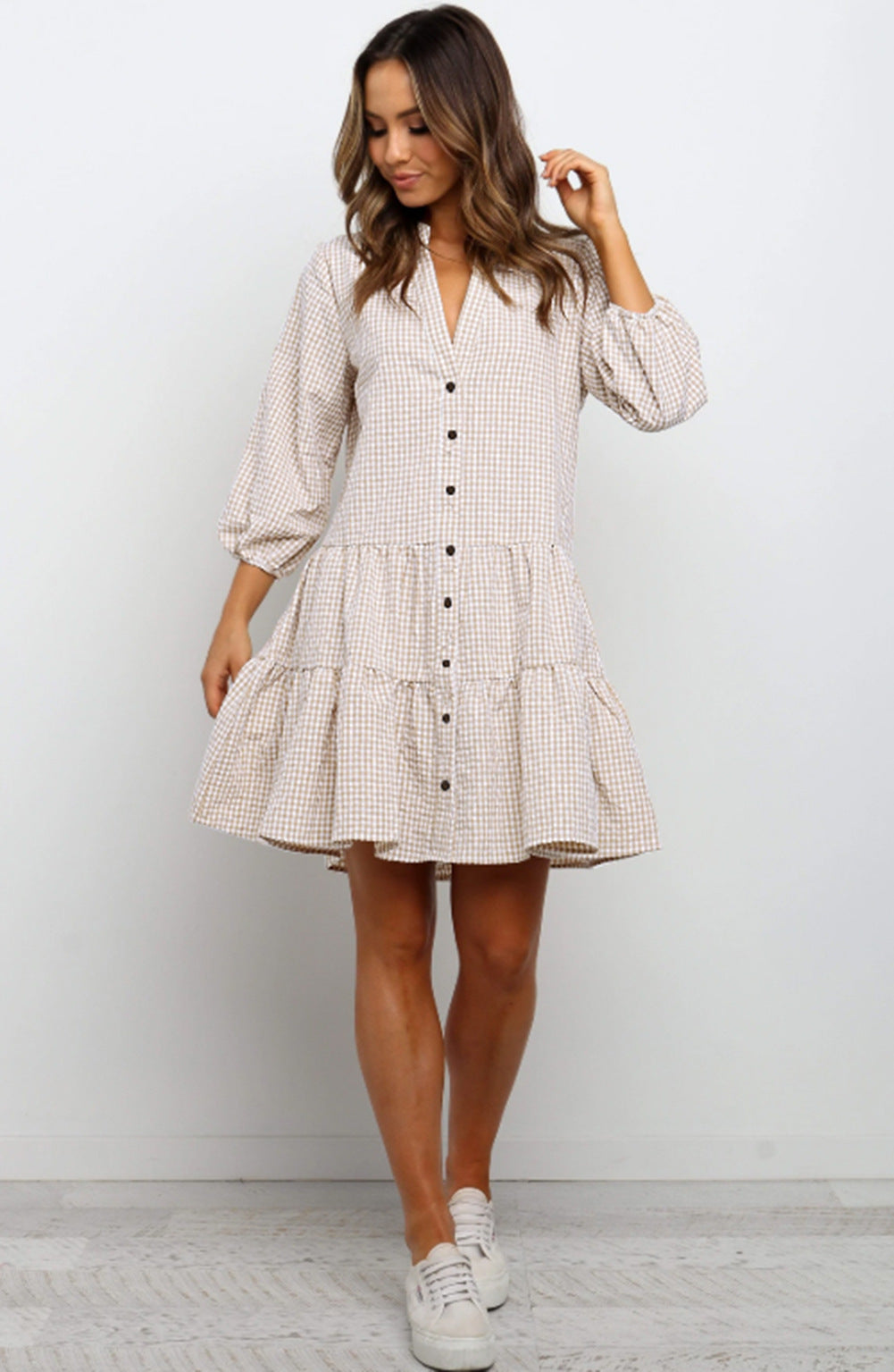 Robe à manches courtes pour femmes avec motif à carreaux