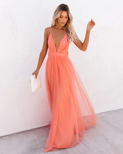 Robe fluide à bretelles fines pour femme, longueur maxi
