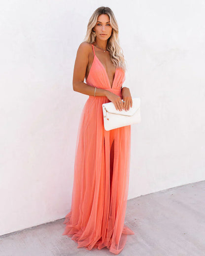 Robe fluide à bretelles fines pour femme, longueur maxi