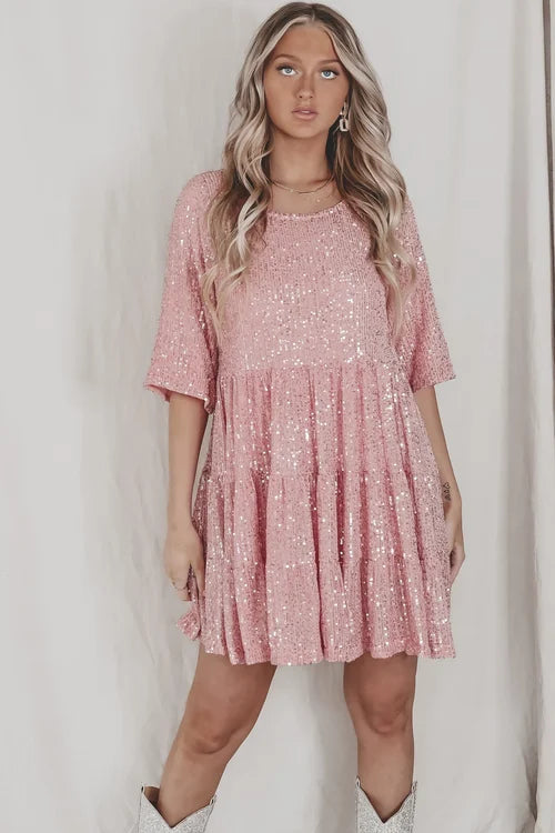 Robe pailletée à manches longues style babydoll pour femme
