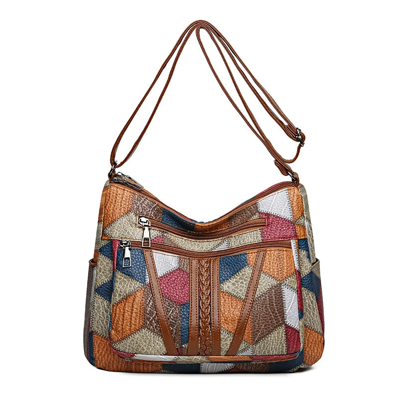 Sac à Main Femme – Cuir Végétal Patchwork Géométrique, Léger et Spacieux avec Bandoulière