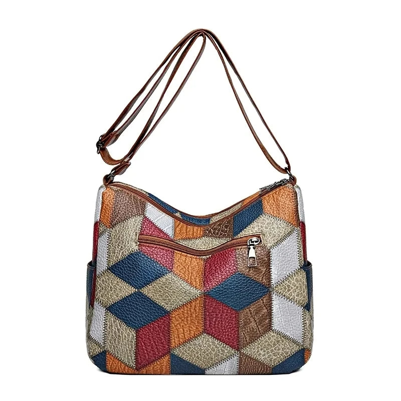 Sac à Main Femme – Cuir Végétal Patchwork Géométrique, Léger et Spacieux avec Bandoulière