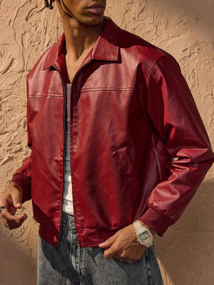 Veste en cuir rouge zippée à épaules tombantes – Style urbain affirmé pour homme
