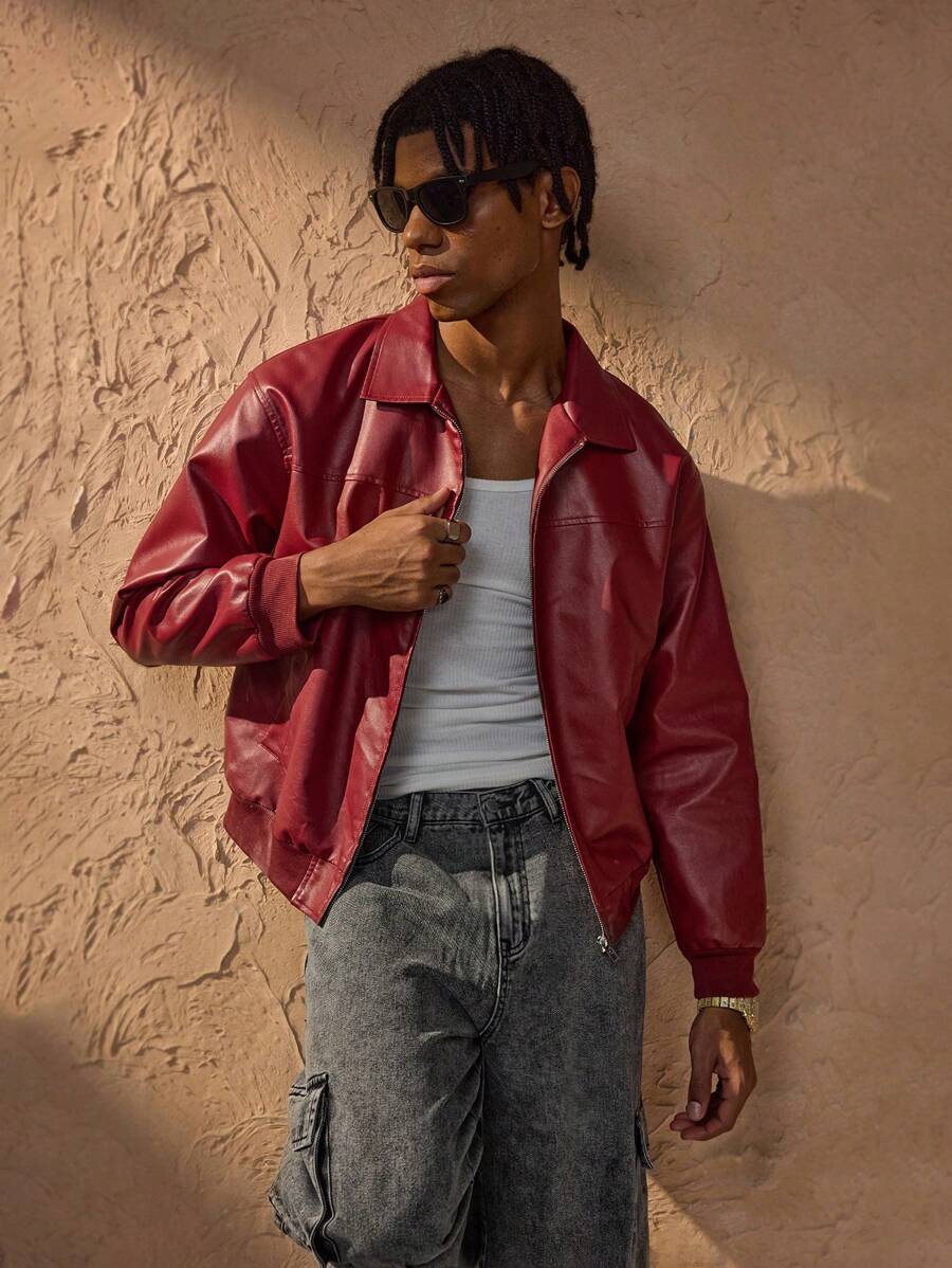 Veste en cuir rouge zippée à épaules tombantes – Style urbain affirmé pour homme