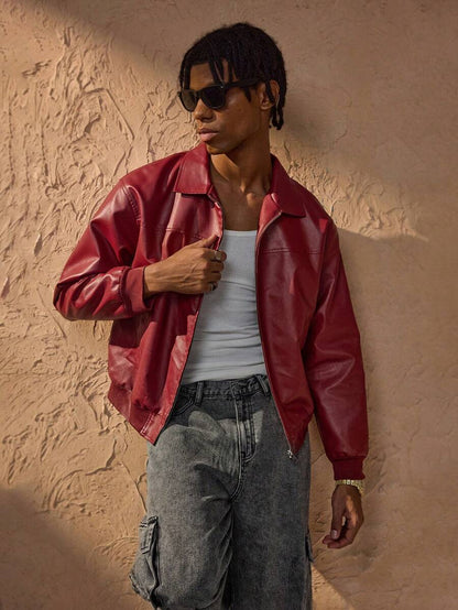 Veste en cuir rouge zippée à épaules tombantes – Style urbain affirmé pour homme