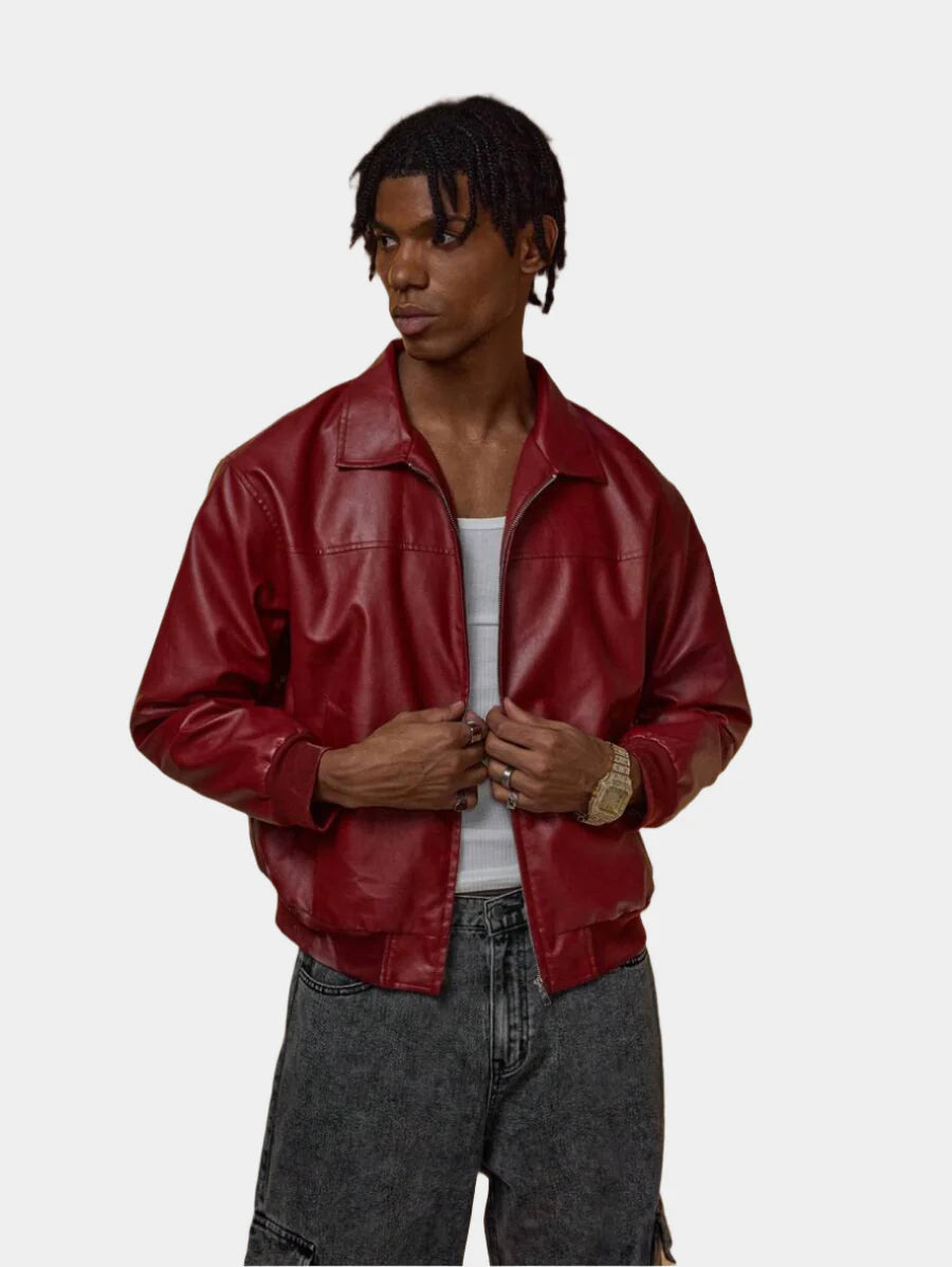 Veste en cuir rouge zippée à épaules tombantes – Style urbain affirmé pour homme