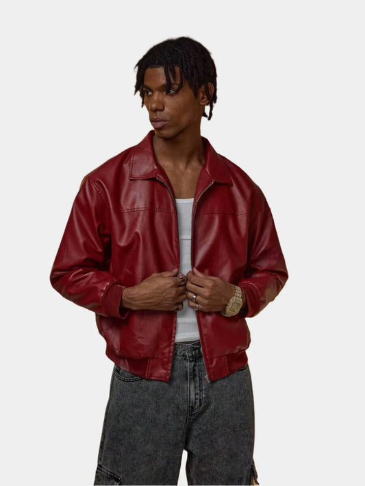 Veste en cuir rouge zippée à épaules tombantes – Style urbain affirmé pour homme
