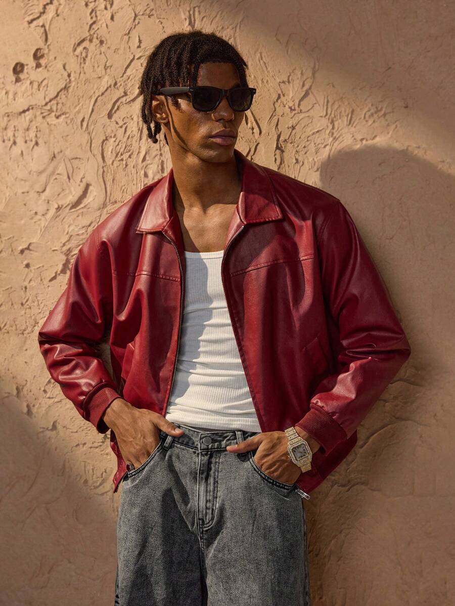 Veste en cuir rouge zippée à épaules tombantes – Style urbain affirmé pour homme