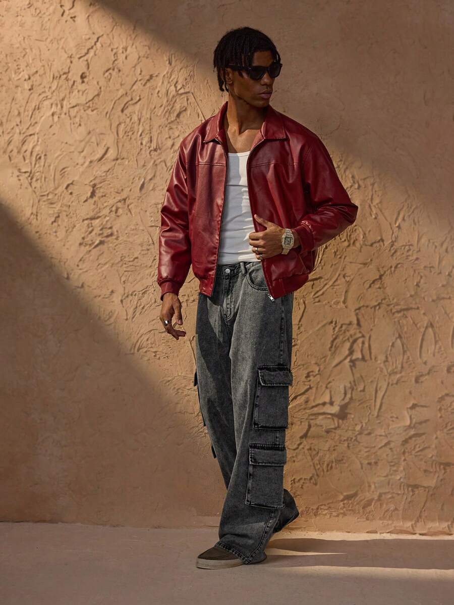 Veste en cuir rouge zippée à épaules tombantes – Style urbain affirmé pour homme
