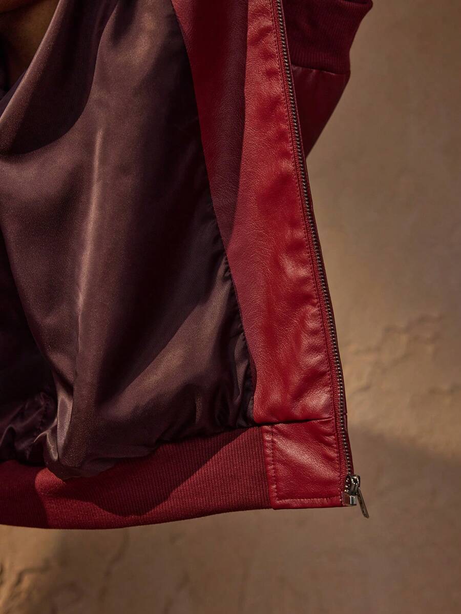 Veste en cuir rouge zippée à épaules tombantes – Style urbain affirmé pour homme