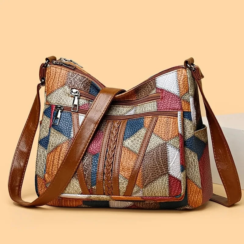 Sac à Main Femme – Cuir Végétal Patchwork Géométrique, Léger et Spacieux avec Bandoulière