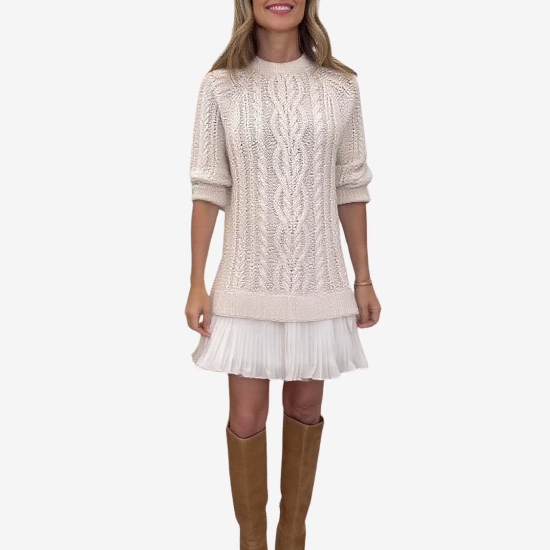 Robe pull en maille chaude avec ourlet plissé – coupe droite élégante pour l'automne et l'hiver