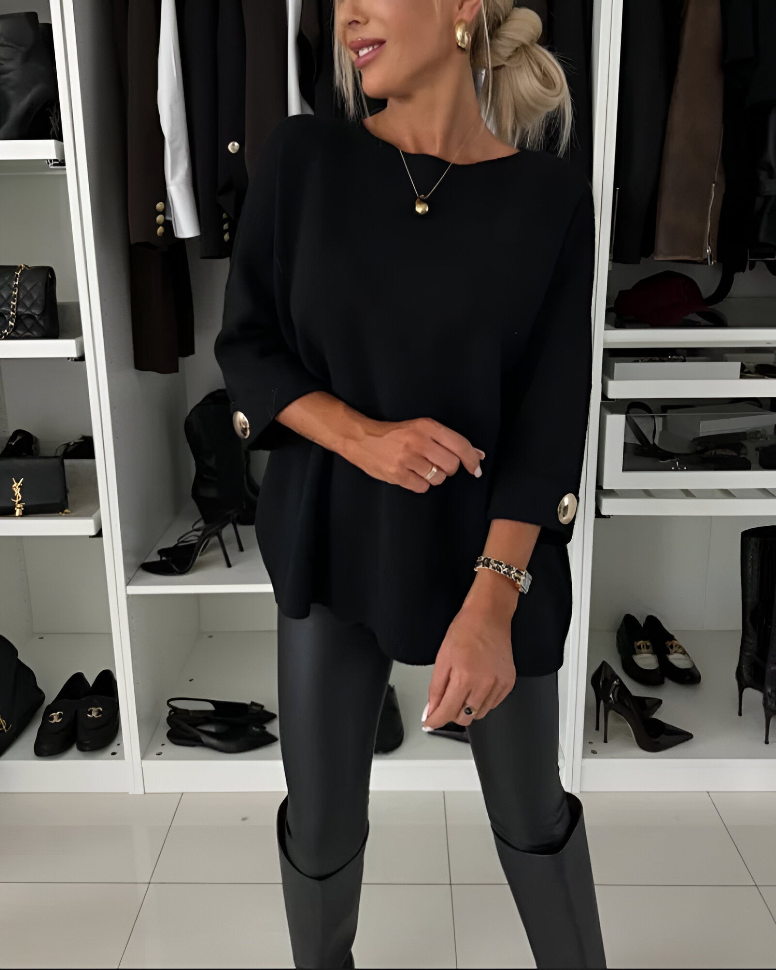 Pull chaud femme hiver – élégant col rond à boutons