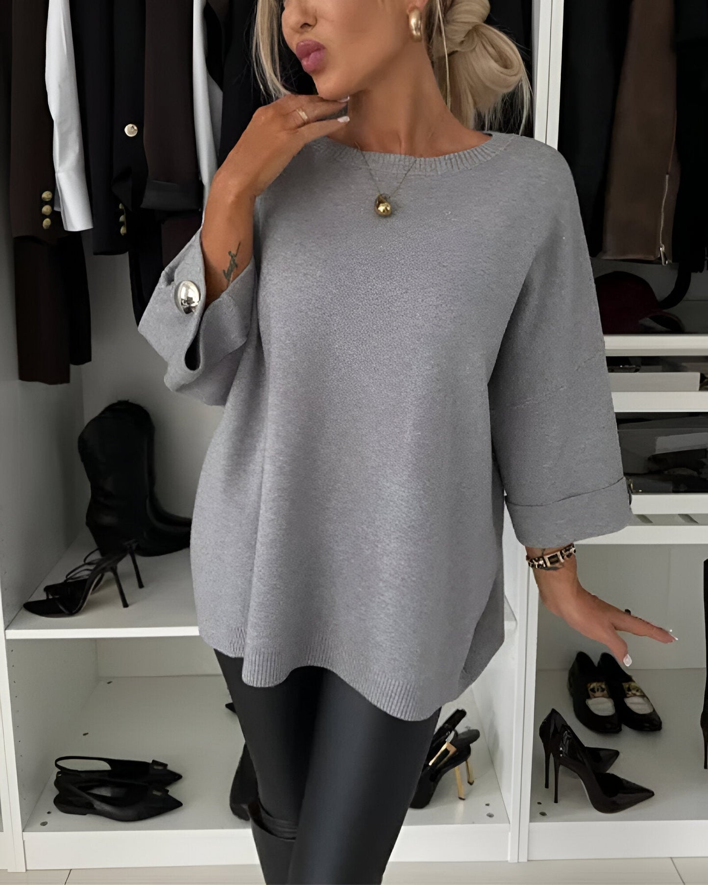 Pull chaud femme hiver – élégant col rond à boutons