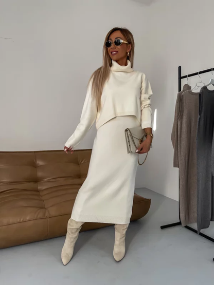 Ensemble tricot femme avec robe midi et pull col roulé – confortable et élégant pour l'automne-hiver