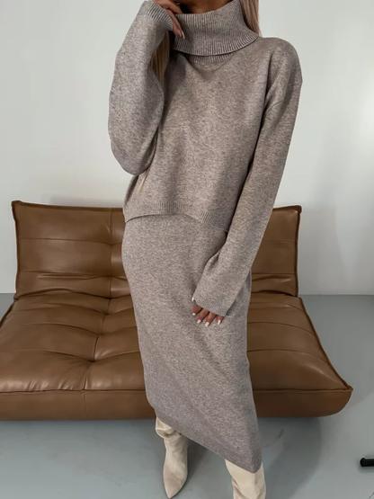 Ensemble tricot femme avec robe midi et pull col roulé – confortable et élégant pour l'automne-hiver