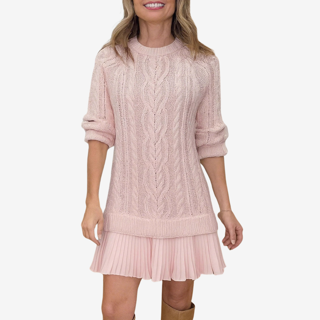 Robe pull en maille chaude avec ourlet plissé – coupe droite élégante pour l'automne et l'hiver