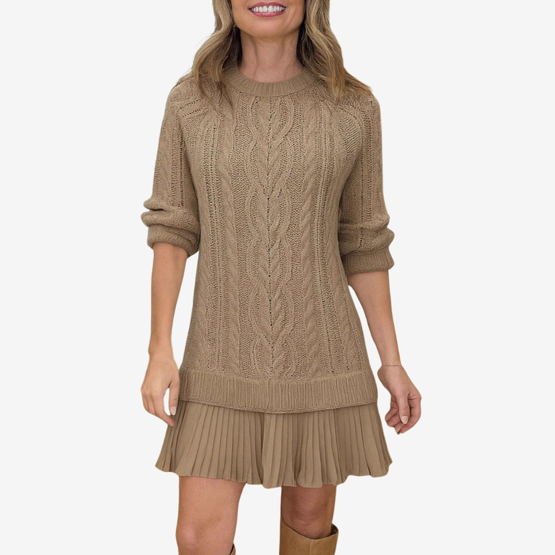 Robe pull en maille chaude avec ourlet plissé – coupe droite élégante pour l'automne et l'hiver