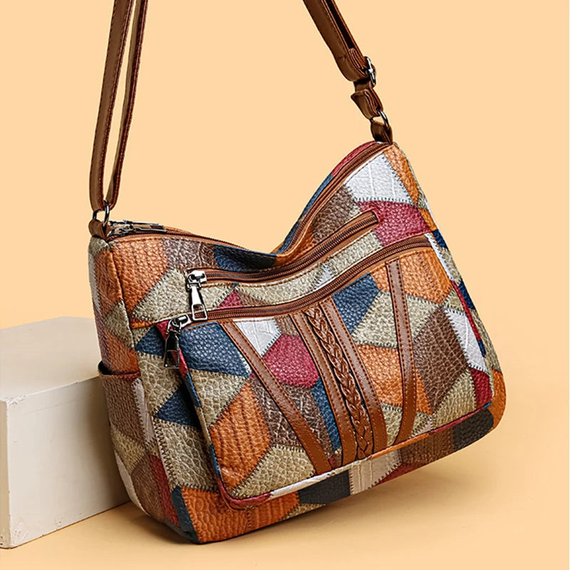 Sac à Main Femme – Cuir Végétal Patchwork Géométrique, Léger et Spacieux avec Bandoulière