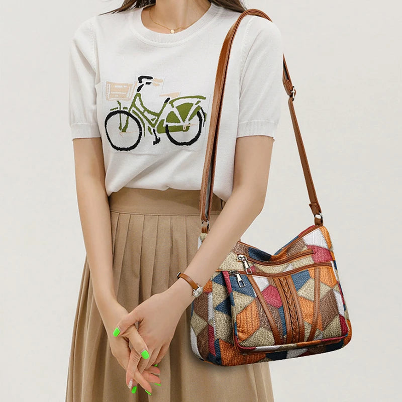 Sac à Main Femme – Cuir Végétal Patchwork Géométrique, Léger et Spacieux avec Bandoulière