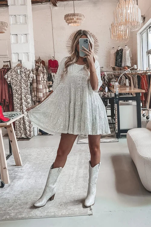 Robe pailletée à manches longues style babydoll pour femme