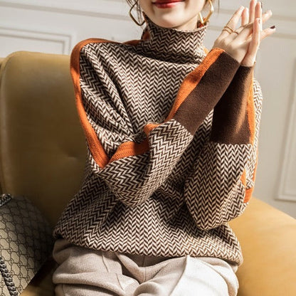 Pull femme à col montant avec rayures contrastées – style moderne et confort chaud