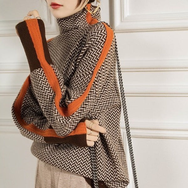 Pull femme à col montant avec rayures contrastées – style moderne et confort chaud