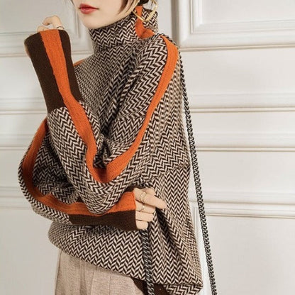 Pull femme à col montant avec rayures contrastées – style moderne et confort chaud