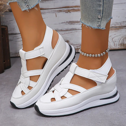 Sandales plateforme femme avec fermeture à scratch blanches