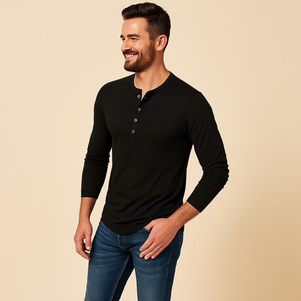 T-shirt homme décontracté col boutonné manches longues