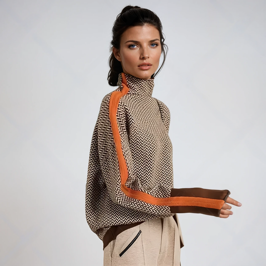 Pull femme à col montant avec rayures contrastées – style moderne et confort chaud