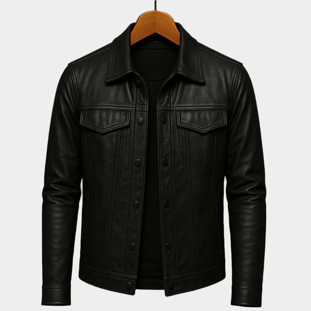 Veste en cuir élégante pour homme – Coupe slim et revers crantés pour un style affirmé