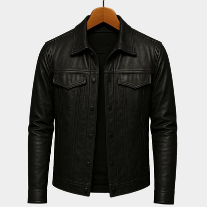 Veste en cuir élégante pour homme – Coupe slim et revers crantés pour un style affirmé