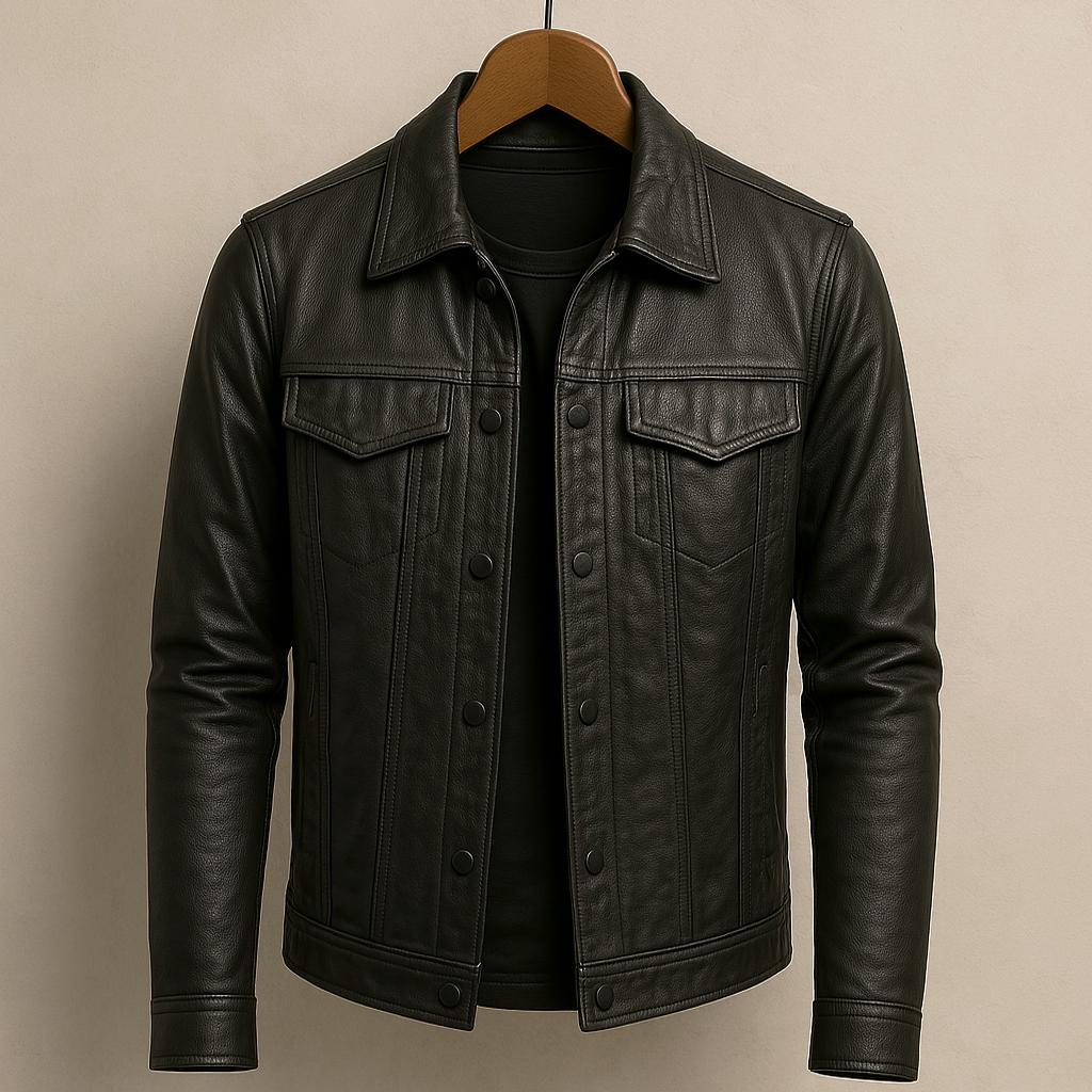 Veste en cuir élégante pour homme – Coupe slim et revers crantés pour un style affirmé