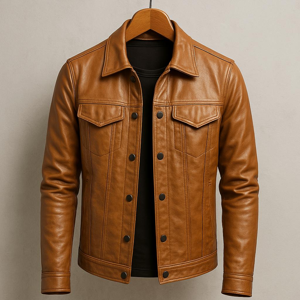 Veste en cuir élégante pour homme – Coupe slim et revers crantés pour un style affirmé