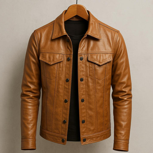 Veste en cuir élégante pour homme – Coupe slim et revers crantés pour un style affirmé