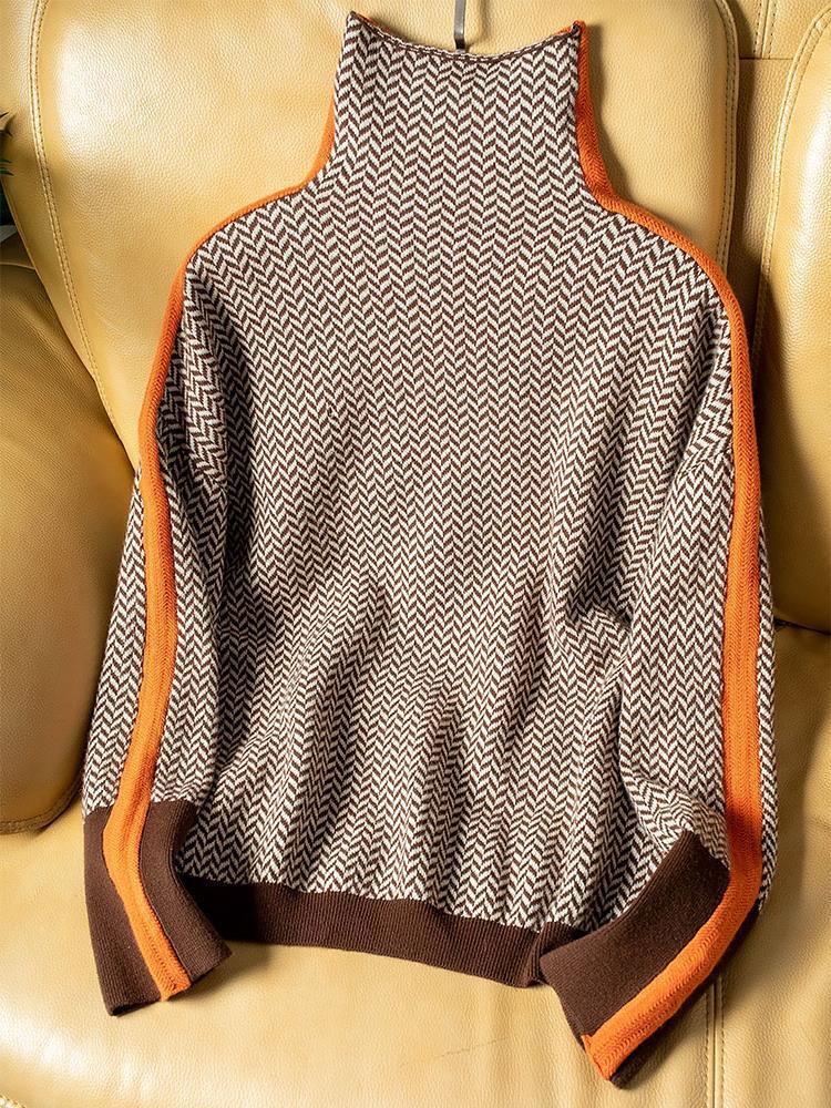 Pull femme à col montant avec rayures contrastées – style moderne et confort chaud