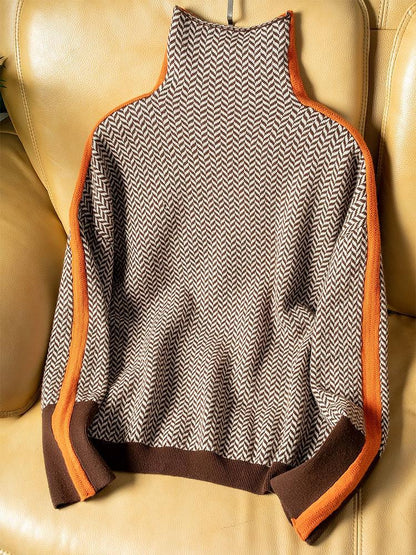 Pull femme à col montant avec rayures contrastées – style moderne et confort chaud
