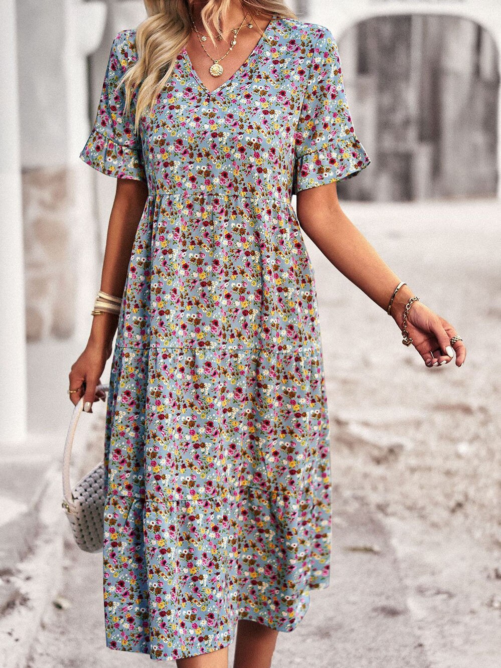 Mini robe florale à manches courtes pour femmes