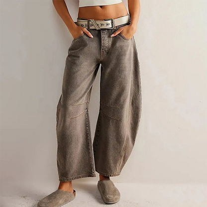 Pantalon en denim pour femme à jambe large et taille élastique