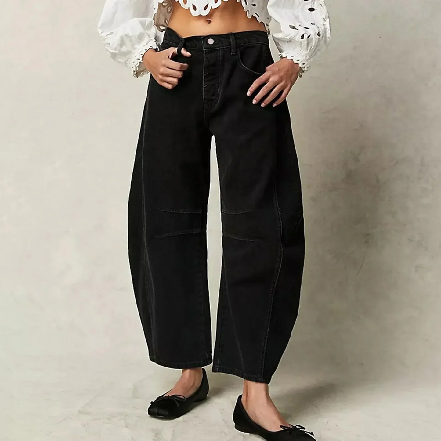 Pantalon en denim pour femme à jambe large et taille élastique