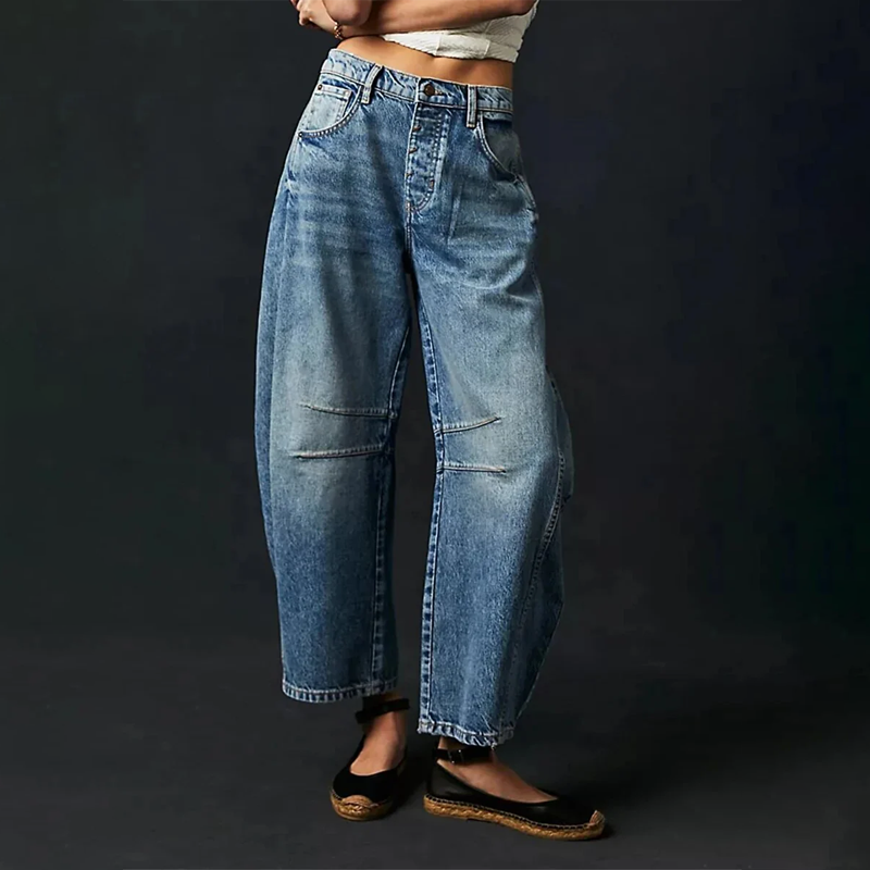 Pantalon en denim pour femme à jambe large et taille élastique