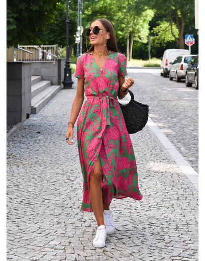 Robe été à manches courtes pour femme col V