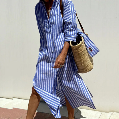 Robe rayée style chemise avec poches et ceinture pour femme