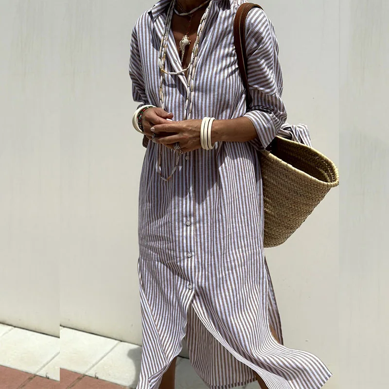 Robe rayée style chemise avec poches et ceinture pour femme
