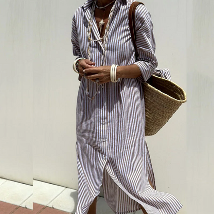 Robe rayée style chemise avec poches et ceinture pour femme