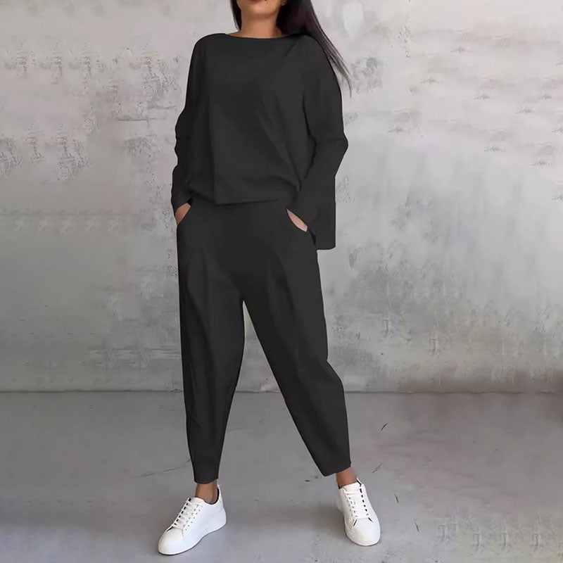 Ensemble Deux-Pièces Femme – Haut Manches Longues & Pantalon Ample Décontracté