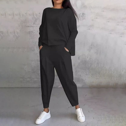 Ensemble Deux-Pièces Femme – Haut Manches Longues & Pantalon Ample Décontracté