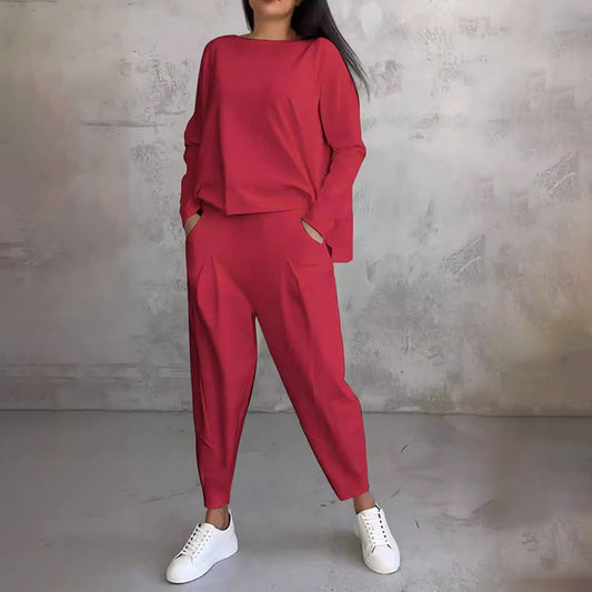 Ensemble Deux-Pièces Femme – Haut Manches Longues & Pantalon Ample Décontracté