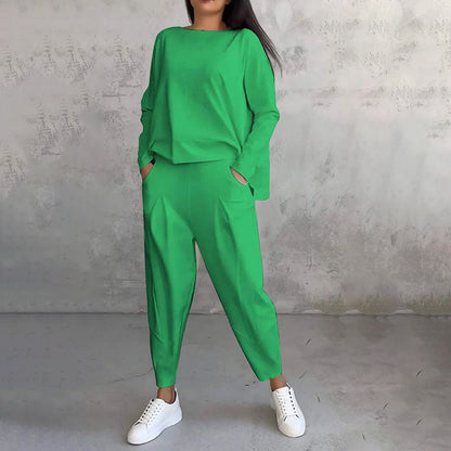 Ensemble Deux-Pièces Femme – Haut Manches Longues & Pantalon Ample Décontracté